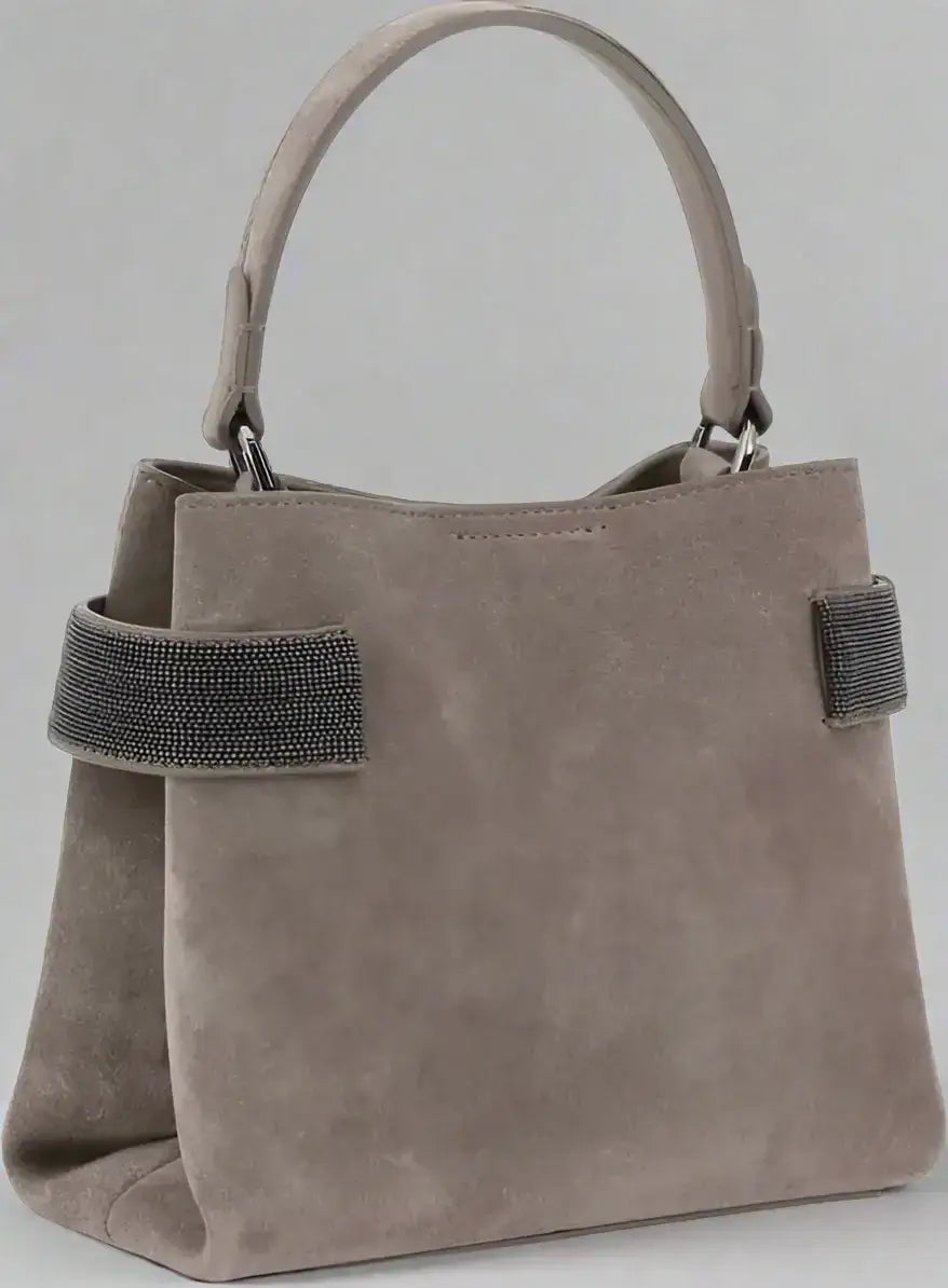Light taupe suede leather handbag with top handle and beaded straps by Brunello Cucinelli