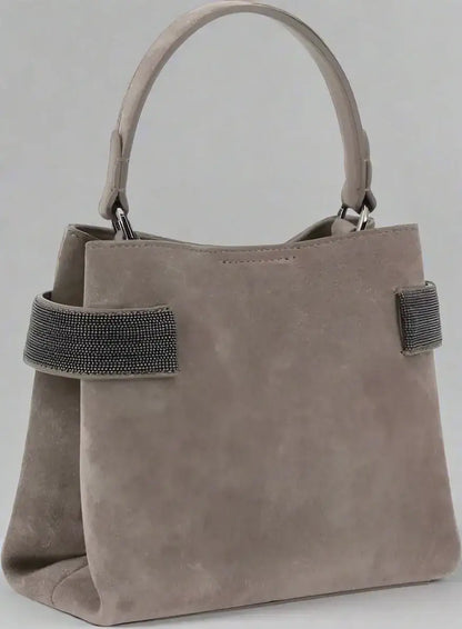 Light taupe suede leather handbag with top handle and beaded straps by Brunello Cucinelli