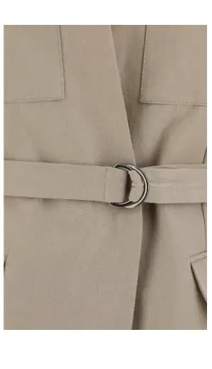 Close-up of Brunello Cucinelli womens grey trench coat with D-ring belt