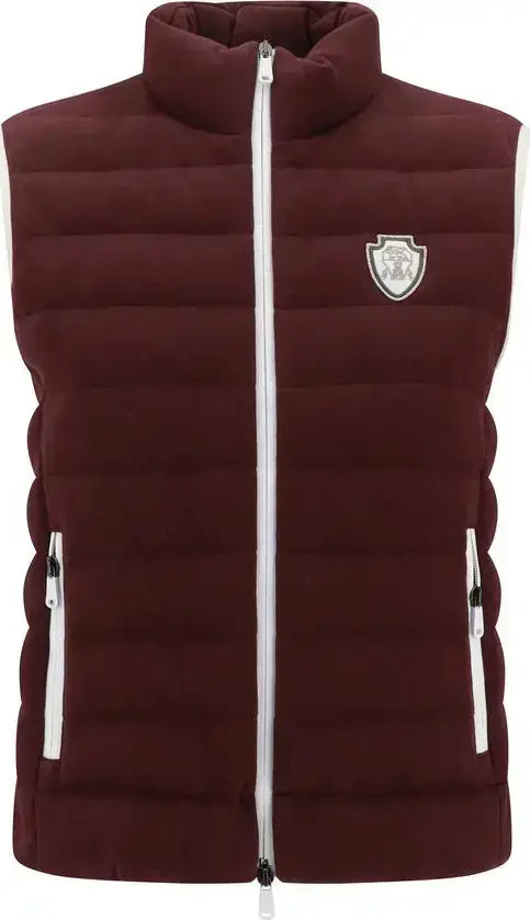 Burgundy men’s padded vest with high collar, white zipper, and side trim