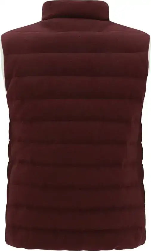 Brunello Cucinelli womens padded vest in solid maroon with high collar stylish outerwear