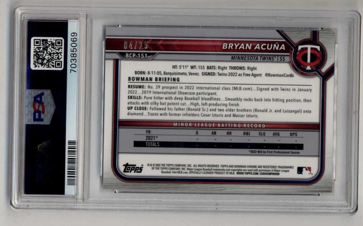 Bryan Acuna 2022 Bowman Chrome Mega Box Orange Refracfor 04/25 PSA 10 Gem Mint - Singles