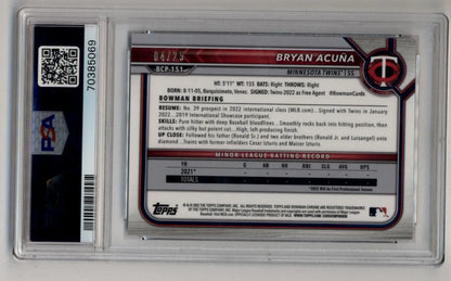 Bryan Acuna 2022 Bowman Chrome Mega Box Orange Refracfor 04/25 PSA 10 Gem Mint - Singles