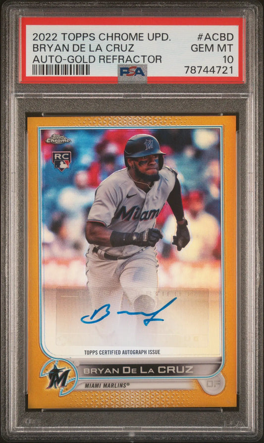 Bryan De La Cruz autographed baseball card Topp’s Chrome Gold RC Refractor Columbia Hobby