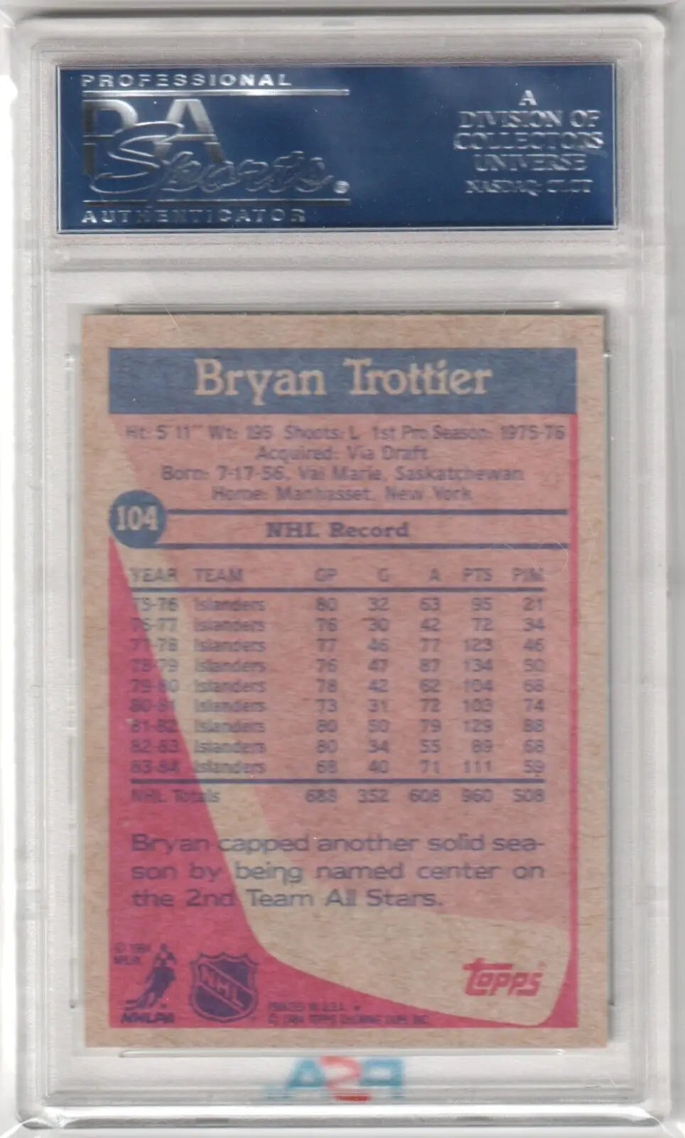 Graded Bryan Trottier hockey card from 1984-85 Topps PSA 9 MINT for eBay store