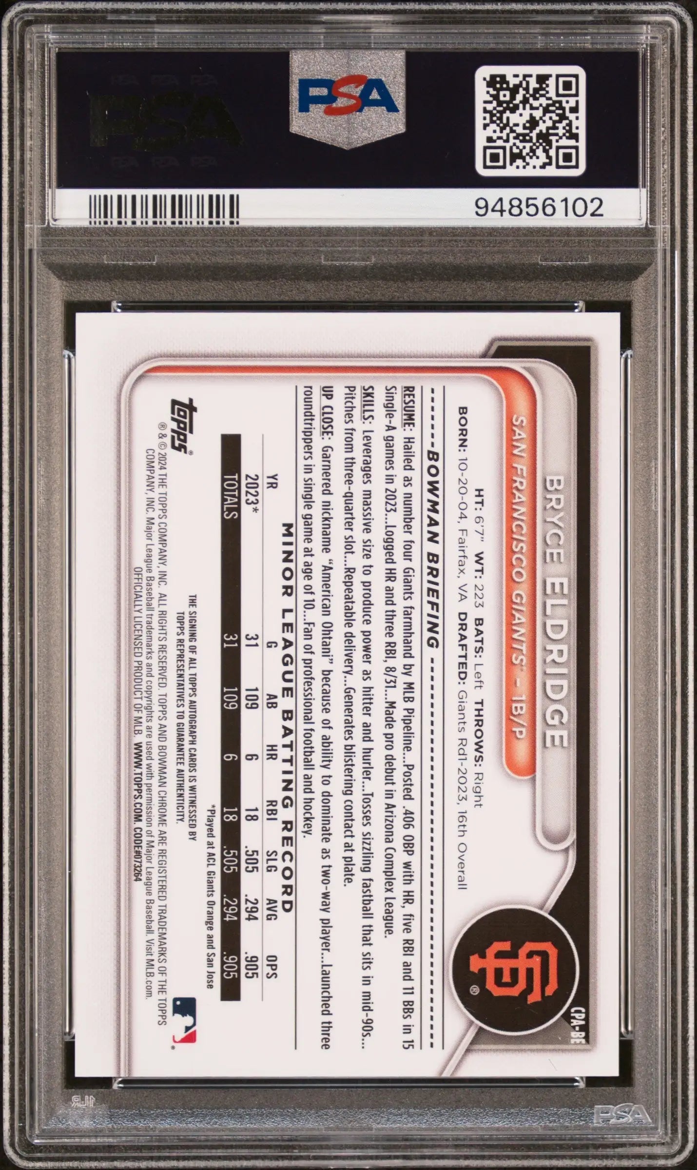 PSA-graded Bryce Eldridge 2024 Bowman Chrome Gold Refractor Auto back with stats