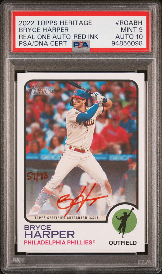 Bryce Harper 2022 Topps Heritage Real One Red Ink card with autograph, PSA 9 graded