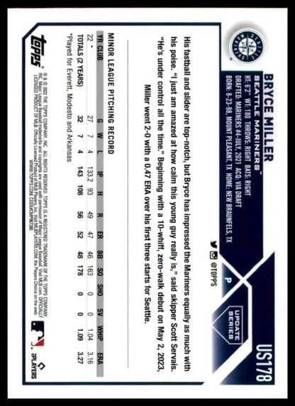Bryce Miller baseball card from Topps Update 2023 Rookie Set for Seattle Mariners