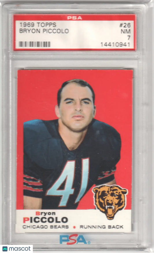 Graded 1969 Topps Bryon Piccolo football card from Columbia Hobby, PSA 7 NM