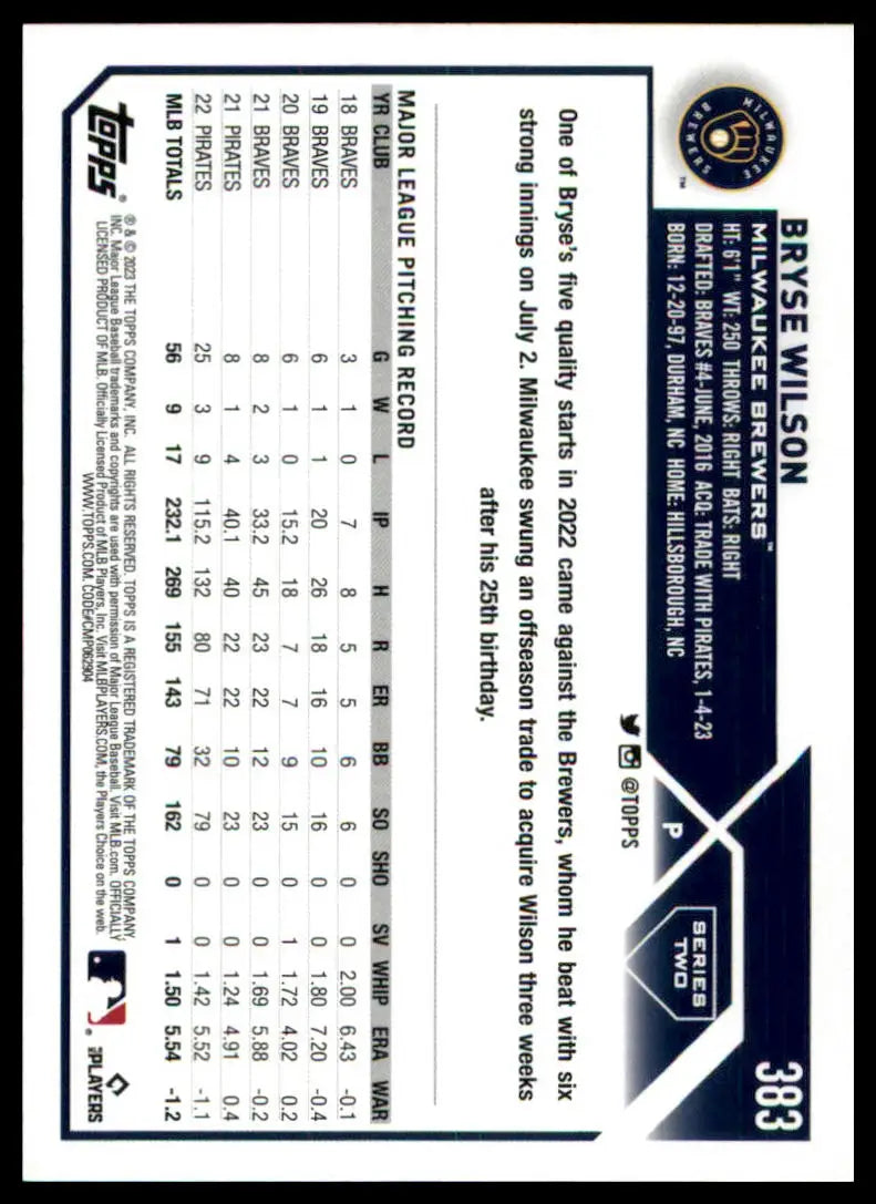 Bryse Wilson 2023 Topps Baseball Card featuring Bryse Wilson of Milwaukee Brewers