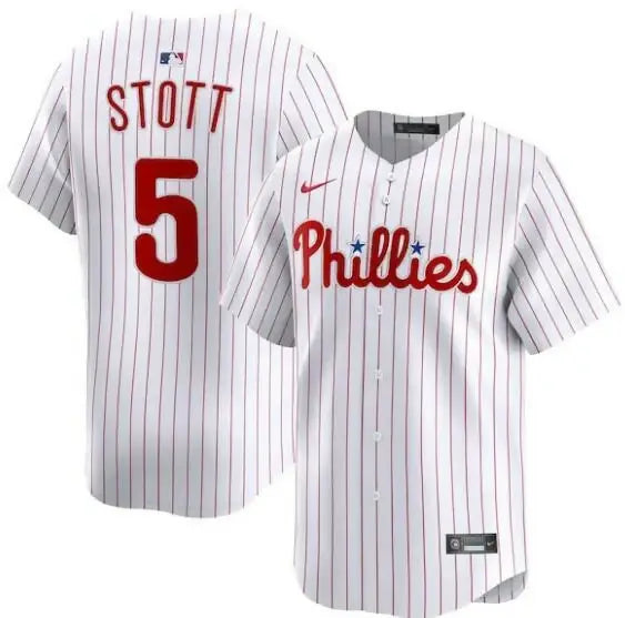 White pinstriped Philadelphia Phillies Bryson Stott Nike home limited player jersey