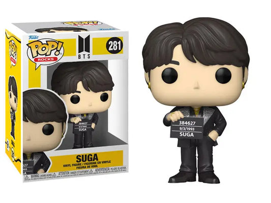 Funko Pop! BTS Suga figure in black outfit, perfect for collectors of trading cards