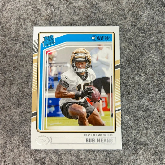 Football trading card featuring Bub Means in New Orleans Saints uniform for 2024 NFL set
