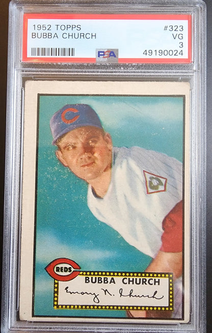 PSA-graded 1952 Topps Bubba Church baseball card against a turquoise background