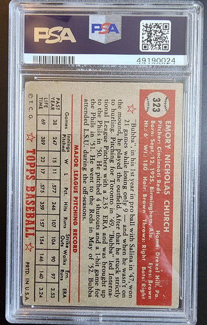 Back of Bubba Church 1952 Topps #323 PSA 3 vintage baseball card with statistics
