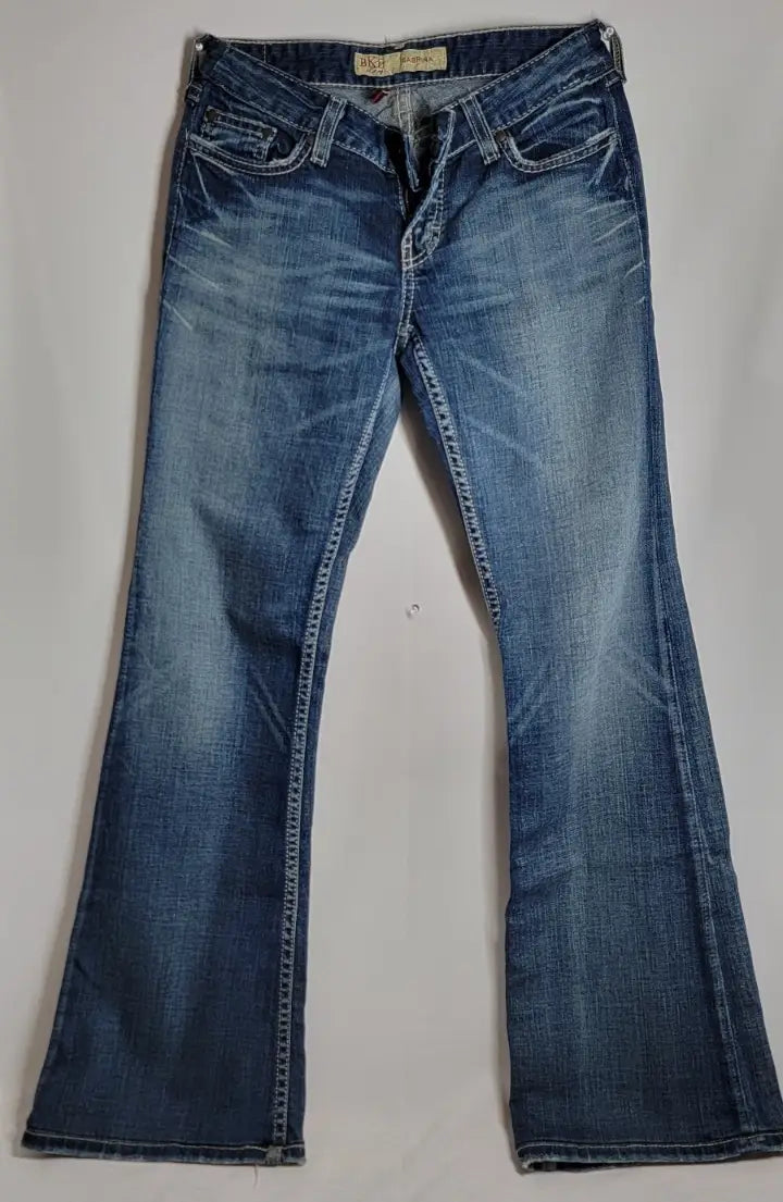 Blue denim flared jeans with faded wash from Buckle BKE Denim Sabrina collection