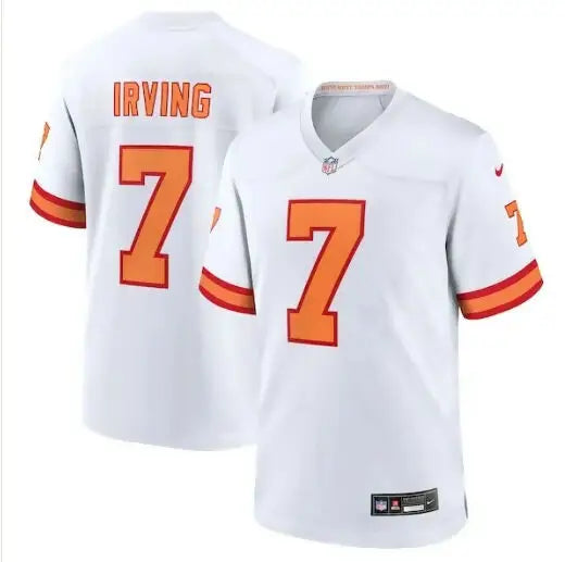 White football jersey with orange numbers and lettering for Tampa Bay Buccaneers Bucky Irving