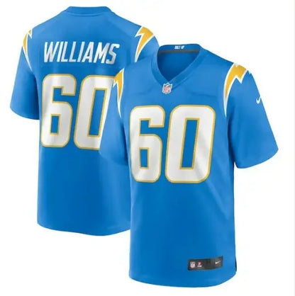 Light blue Los Angeles Chargers Nike Game Jersey with WILLIAMS and number 60 in white with gold outline