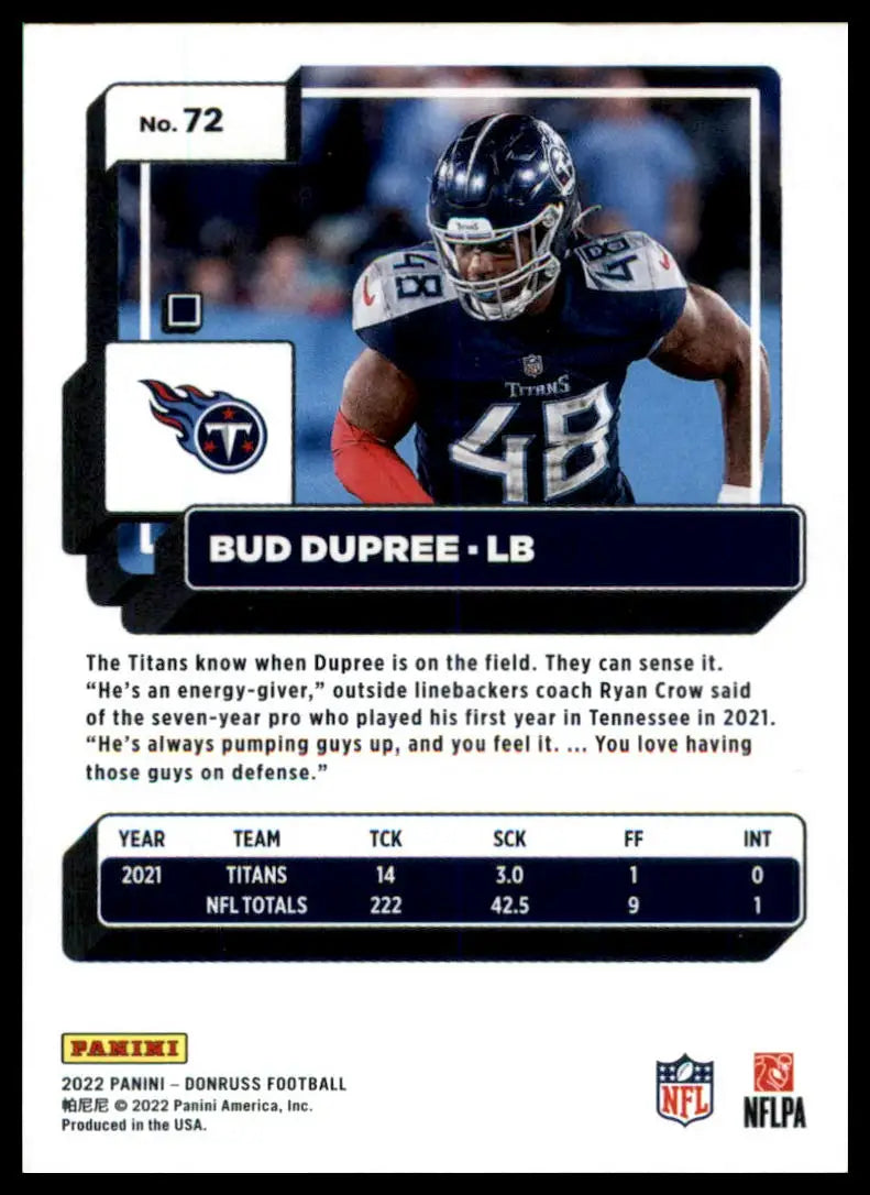 Bud Dupree football card from 2022 Donruss Tennessee Titans series