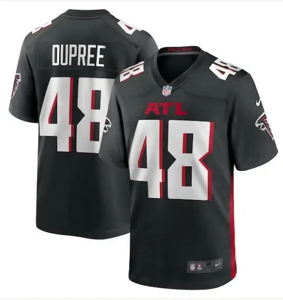 Dark gray Atlanta Falcons Bud Dupree Nike Game Player Jersey with white and red accents