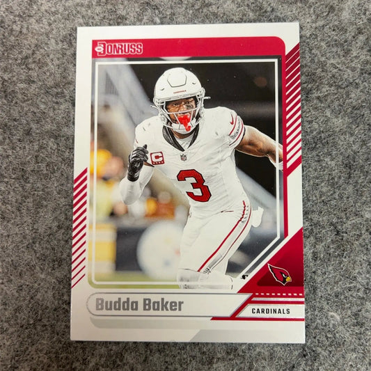 White Donruss football trading card of Budda Baker of the Arizona Cardinals in a white jersey