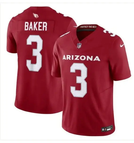 Two red Arizona Cardinals Nike Vapor F.U.S.E. Limited jerseys with BAKER and number 3