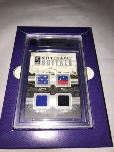 Buffalo Bills Sabres Jersey Fam Fabrics football card featuring Jim Kelly and Dominik Hašek