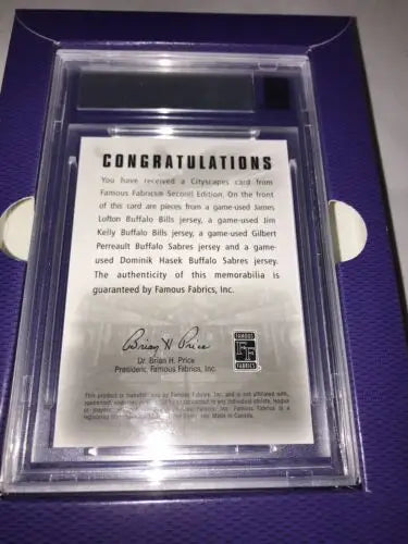 Framed memorabilia card of Buffalo Bills Sabres Jersey Fam Fabrics Jim Kelly Dominik Hašek
