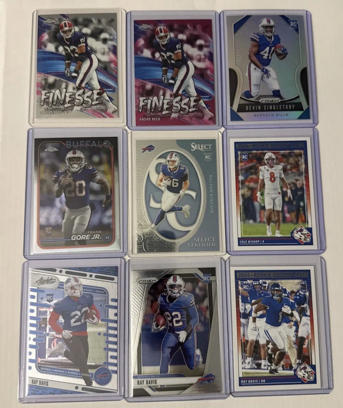 Nine Buffalo Bills football trading cards featuring key players from the Bills team lot