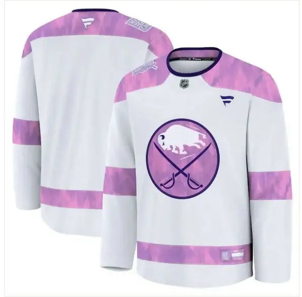 White Buffalo Sabres Hockey Fights Cancer Practice Jersey with pink accents for 2024 season