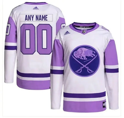 White and lavender Buffalo Sabres Hockey Fights Cancer adidas Primegreen jersey
