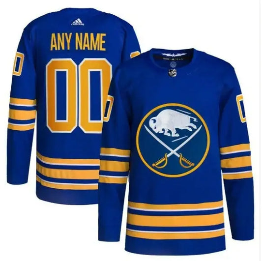 Blue and gold Buffalo Sabres adidas Home Primegreen Authentic Custom Jersey displayed