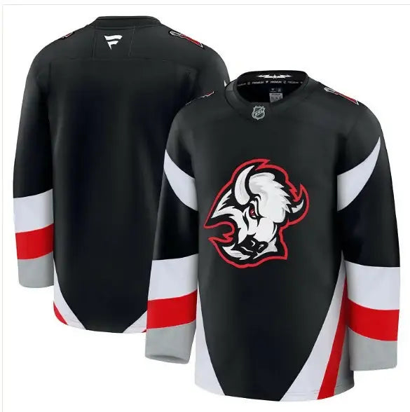 Black Buffalo Sabres away premium hockey jersey displayed in a product image