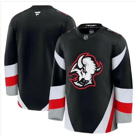 Black Buffalo Sabres away premium hockey jersey displayed in a product image
