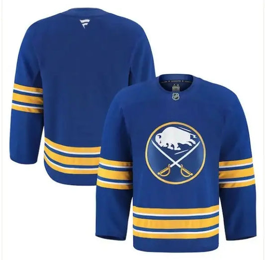 Blue and gold Buffalo Sabres home authentic pro hockey jersey displayed in product image