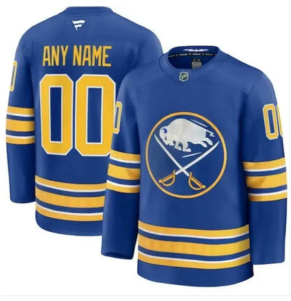 Blue and gold Buffalo Sabres home premium custom hockey jersey displayed