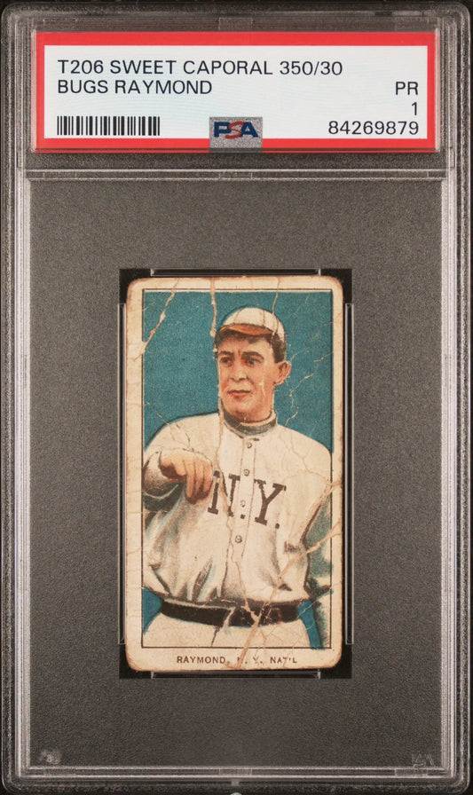 Bugs Raymond T206 Sweet Caporal baseball card in PSA 1 holder with NY uniform