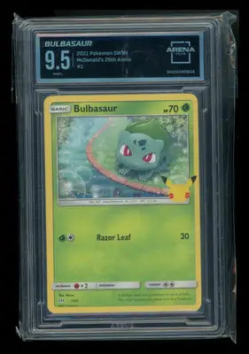 Graded Bulbasaur Pokémon card from Arena Club in a 2021 McDonald’s 25th Anniversary set