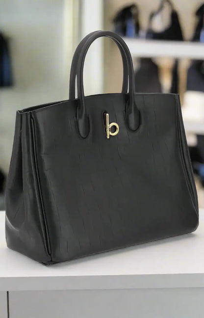 Burberry black leather crocco handbag with gold-tone B clasp display