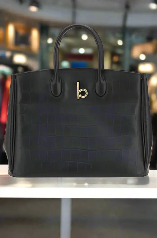 Burberry black leather crocco handbag with golden B emblem and tote design