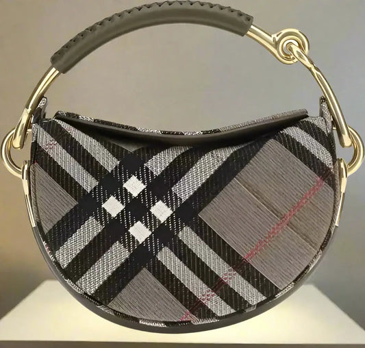 Burberry brindle clutch bag with half-moon shape, plaid pattern, dark grey handle, gold hardware