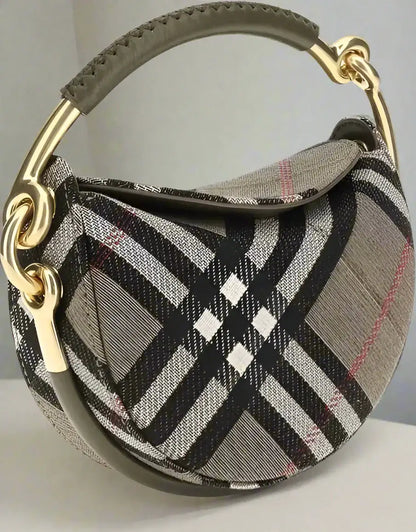 Gray plaid brindle clutch bag with gold hardware and top handle for women
