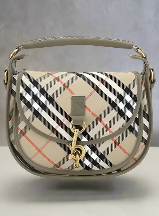 Beige plaid saddle bag with top handle and gold-tone hardware, Burberry CLIP SMALL MESSENGER handbag