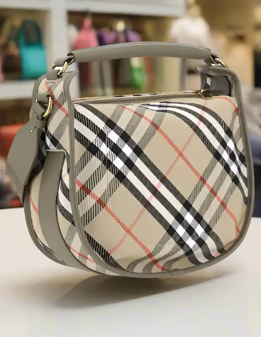 Tan plaid shoulder bag with gray trim and handle from Burberry CLIP SMALL MESSENGER handbag
