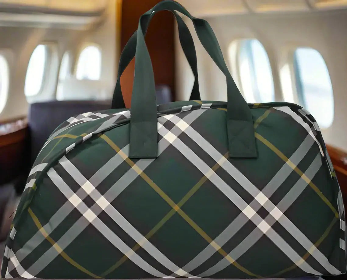 Dark green plaid fabric travel bag with white and yellow stripes, Burberry mens green luggage