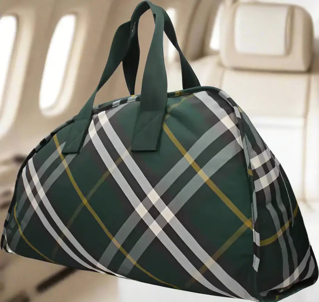 Burberry Mens Green Travel Bag with green fabric, plaid pattern, and stripe details