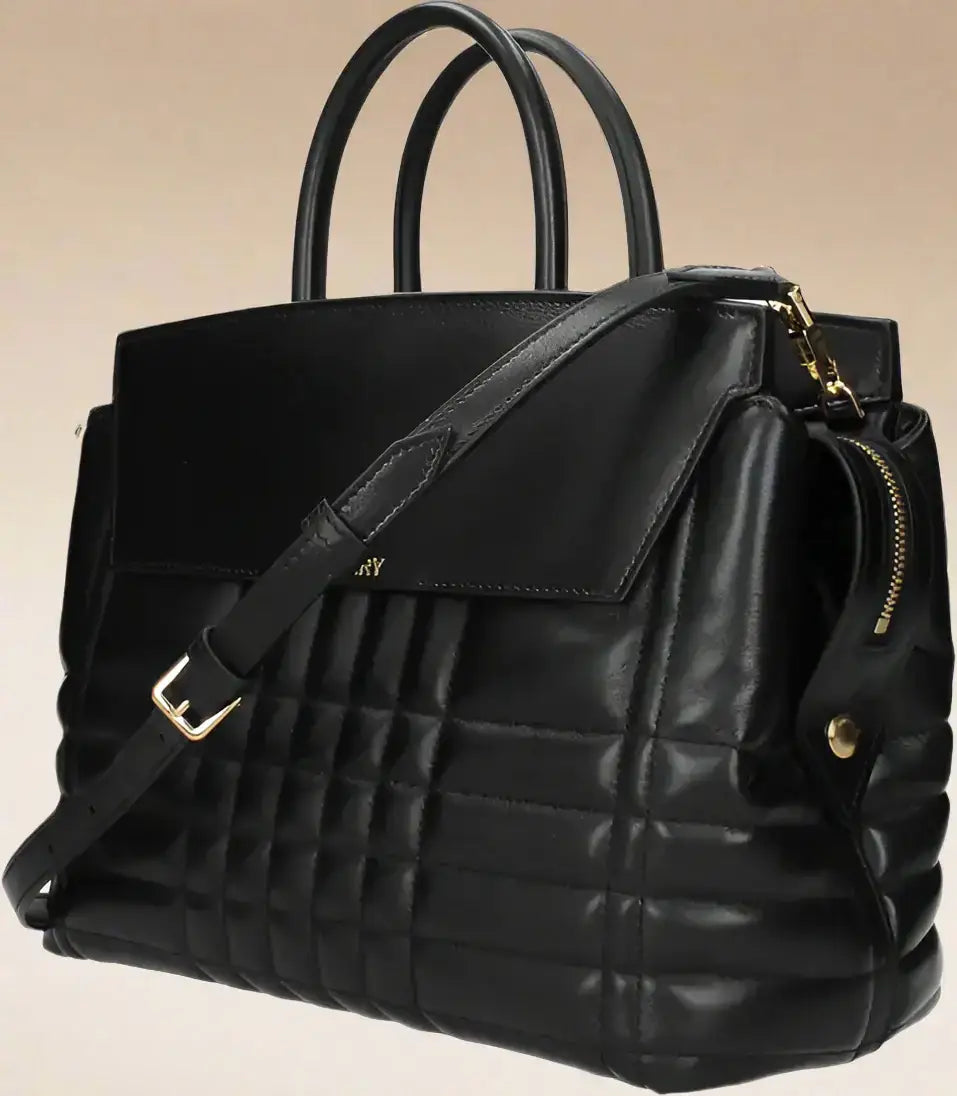 Black leather quilted satchel with detachable strap and top handles for BURBERRY women’s handbags