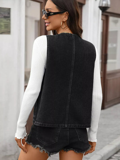 Button Up Denim Vest - Denim Vest