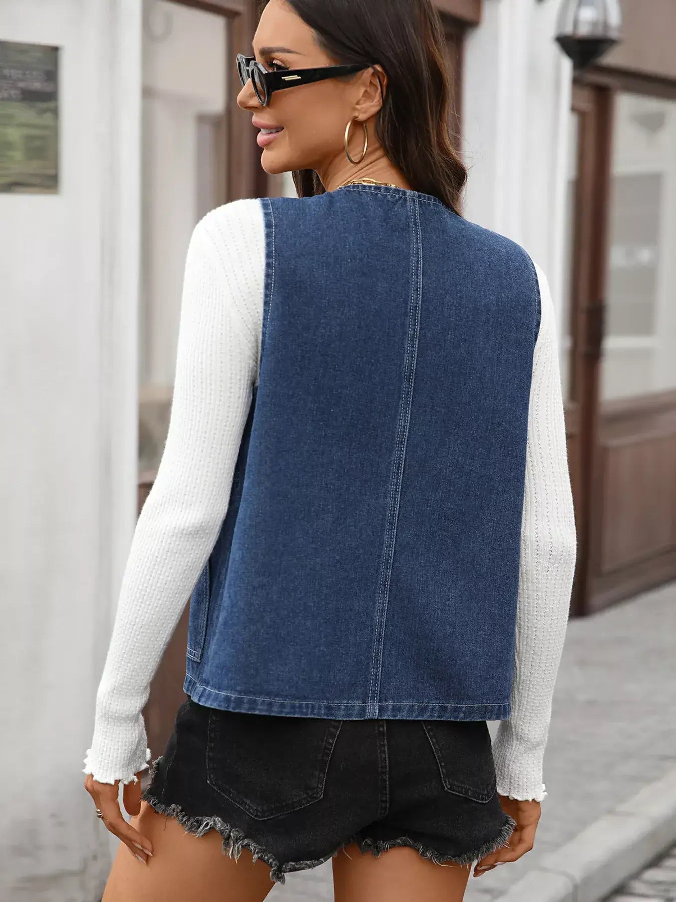 Button Up Denim Vest - Denim Vest
