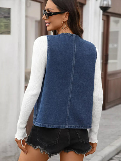 Button Up Denim Vest - Denim Vest